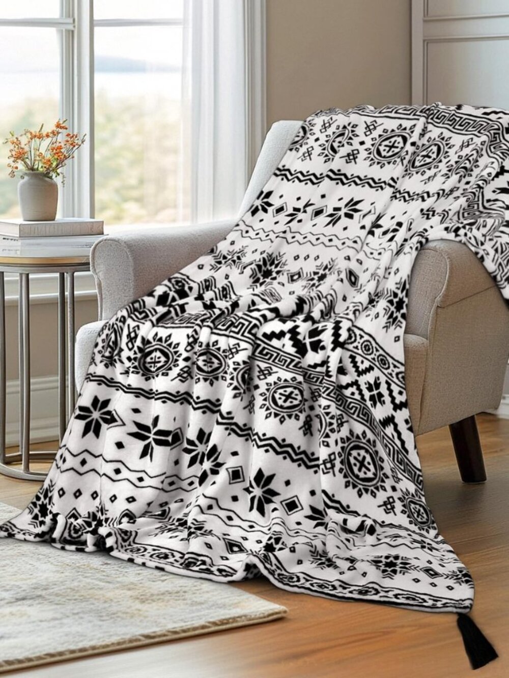 Flannel Boho Blanket for Couch, Country Western Aztec Printed Throw with Tassel